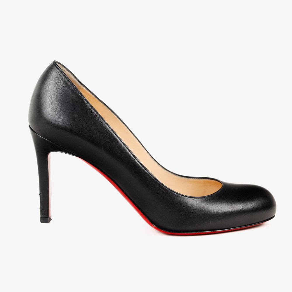 Christian Louboutin Simple Classic Round Toe Black Leather Pumps, Size 6.5